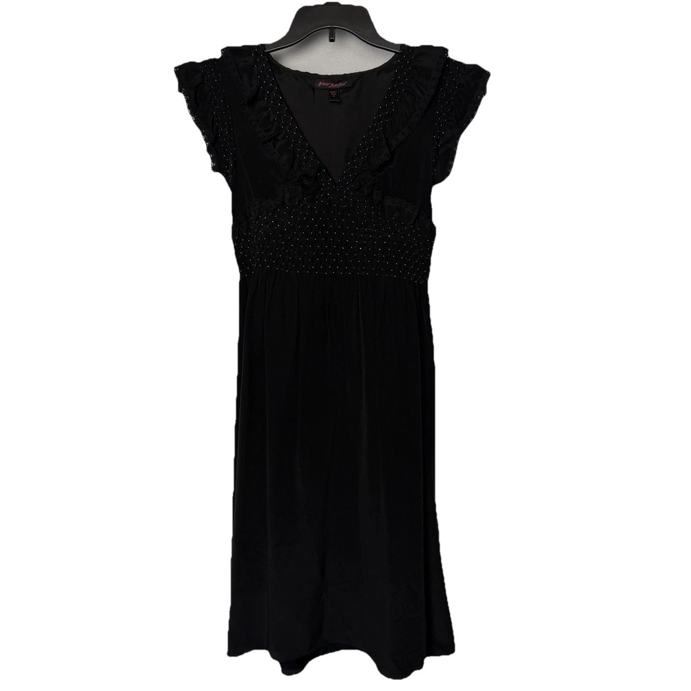 Betsey Johnson Black Silk Smocked Lace‎ Ruffle Dress Feminine Romantic Size 8